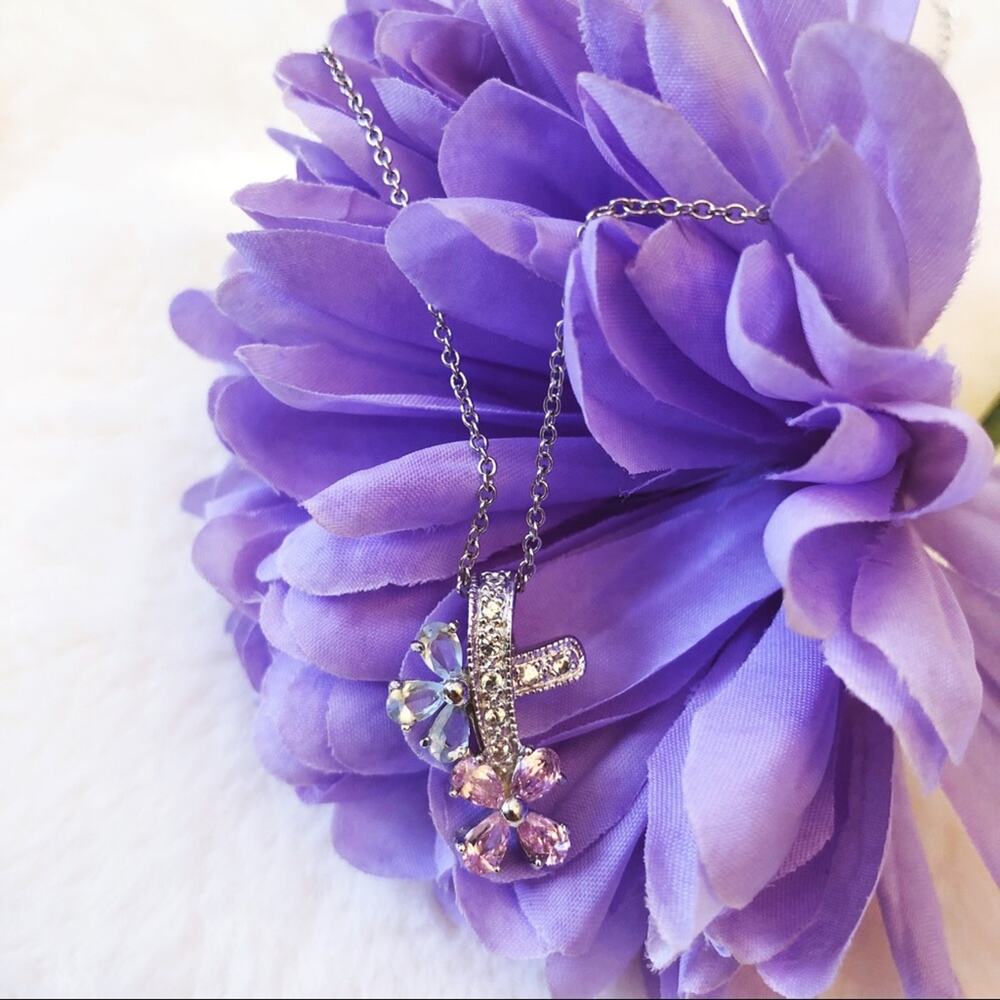 Sterling Silver Multi Crystals Flowers Necklace